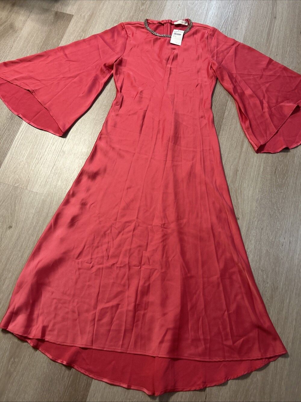MNG Mango Flared-Sleeve Embellished Neck Satin Dress Pink Size US 4
